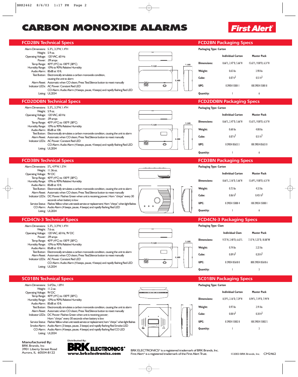 Carbon monoxide alarms, Fcd2bn technical specs fcd2bn packaging specs, Fcd2ddbn technical specs fcd2ddbn packaging specs | Fcd3bn technical specs fcd3bn packaging specs, Fcd4cn-3 technical specs fcd4cn-3 packaging specs, Sc01bn technical specs sc01bn packaging specs | BRK electronic First Alert SCO1BN User Manual | Page 2 / 2