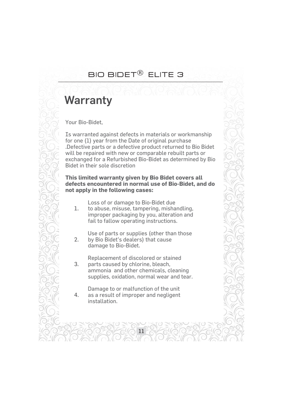 Warranty, Bio bidet elite 3 | Bio Bidet Elite3 Bidet Attachment User Manual | Page 11 / 13