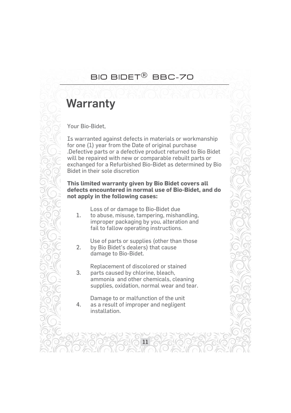 Warranty, Bio bidet bbc-70 | Bio Bidet Simplet Bidet Attachment BBC-70 User Manual | Page 11 / 13