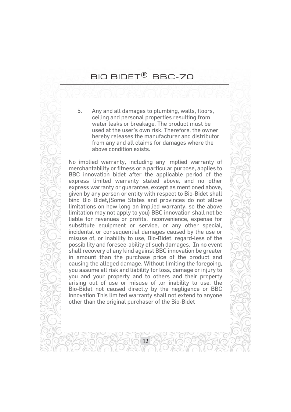 Bio bidet bbc-70 | Bio Bidet Simplet Bidet Attachment BBC-70 User Manual | Page 12 / 13