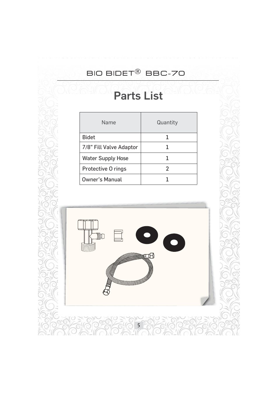 Installation manual & operating instructions, Parts list | Bio Bidet Simplet Bidet Attachment BBC-70 User Manual | Page 5 / 13