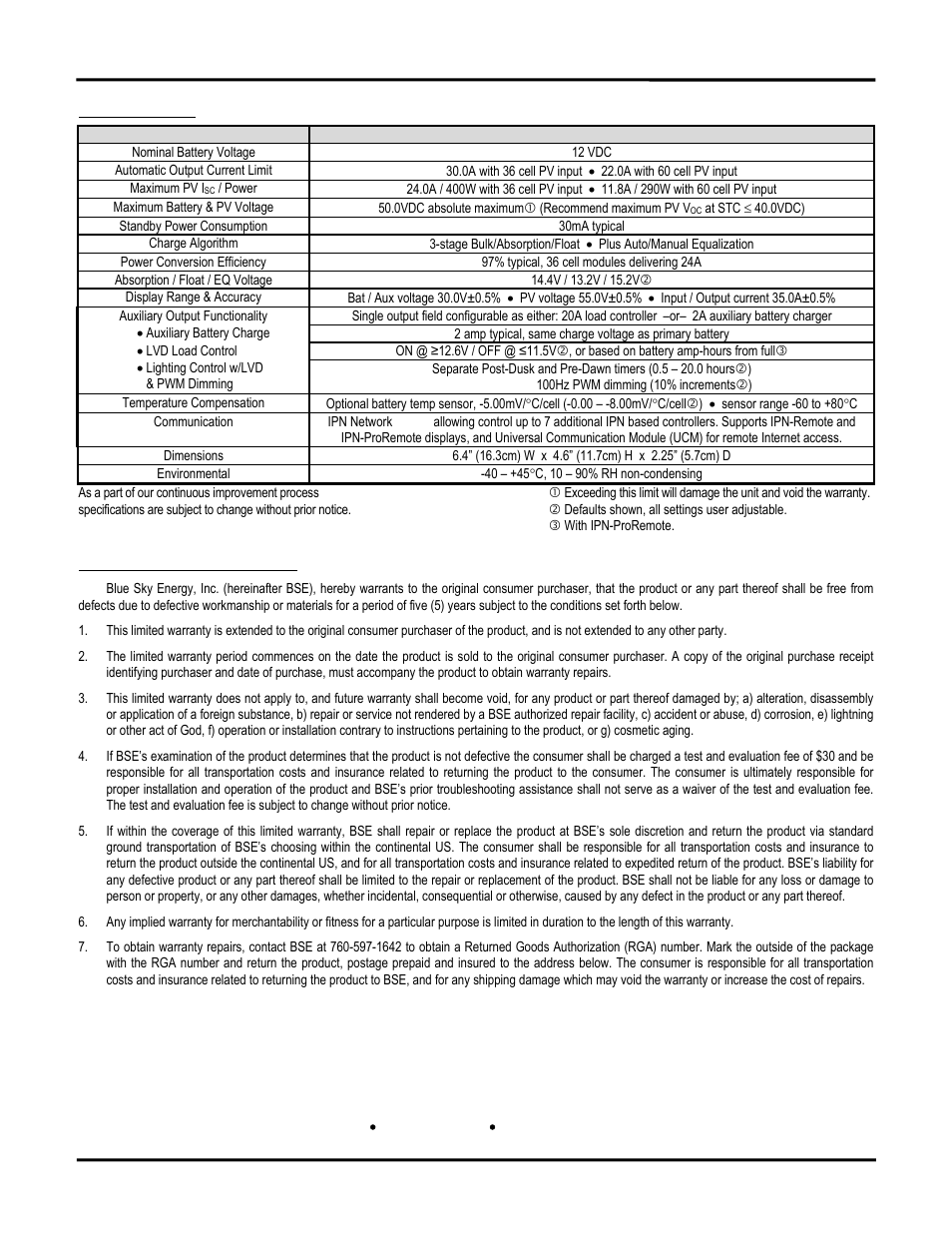 Specifications, Five year limited warranty | Blue Sky Solar Boost 3000i User Manual | Page 16 / 16