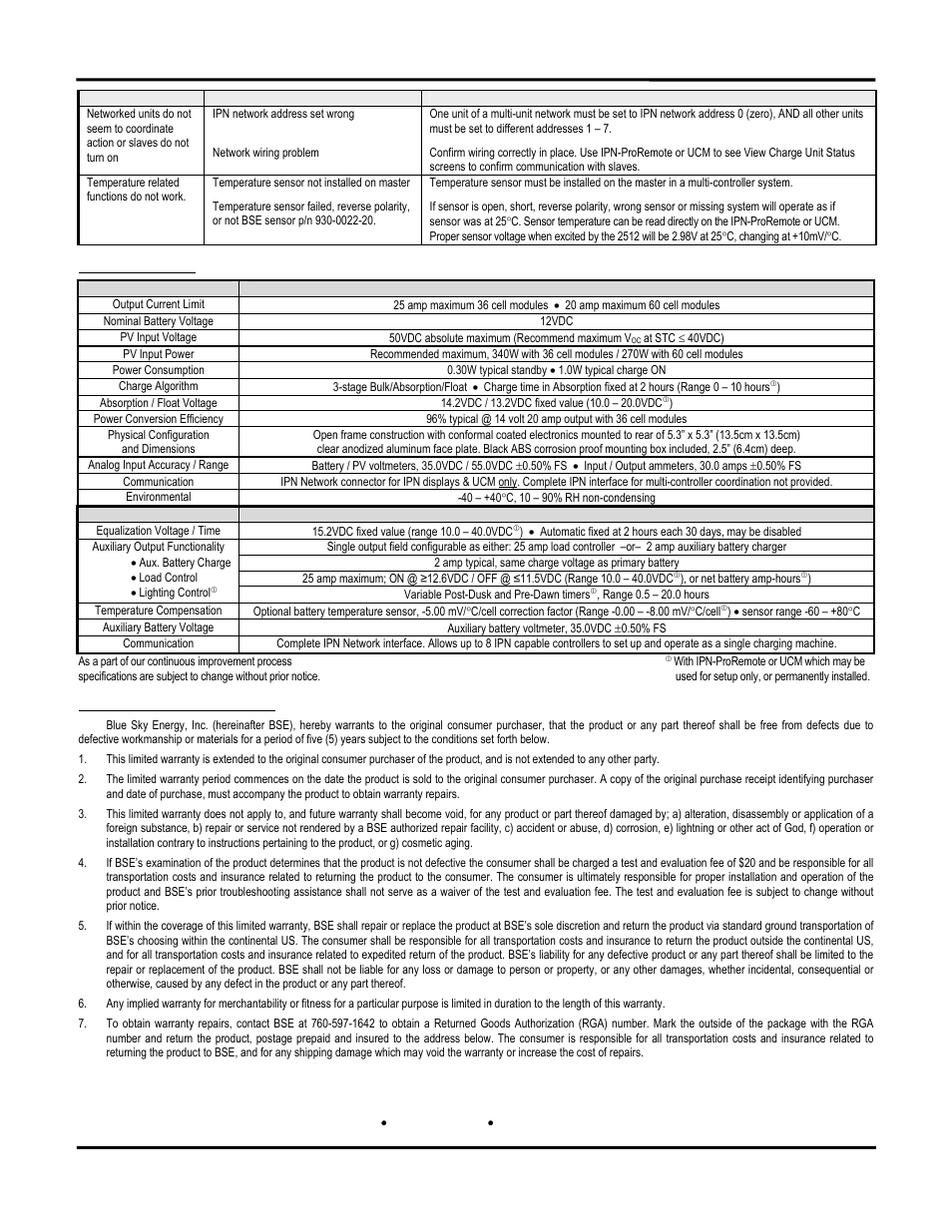 Specifications, Year limited warranty | Blue Sky Solar Boost 2512iX-HV User Manual | Page 12 / 12