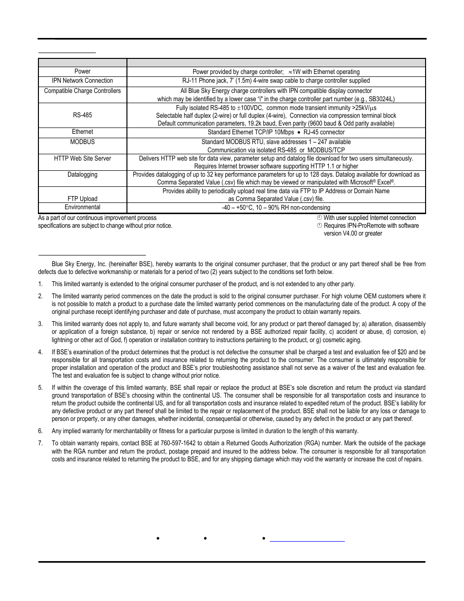 Specifications, Two year limited warranty | Blue Sky UCM User Manual | Page 23 / 23