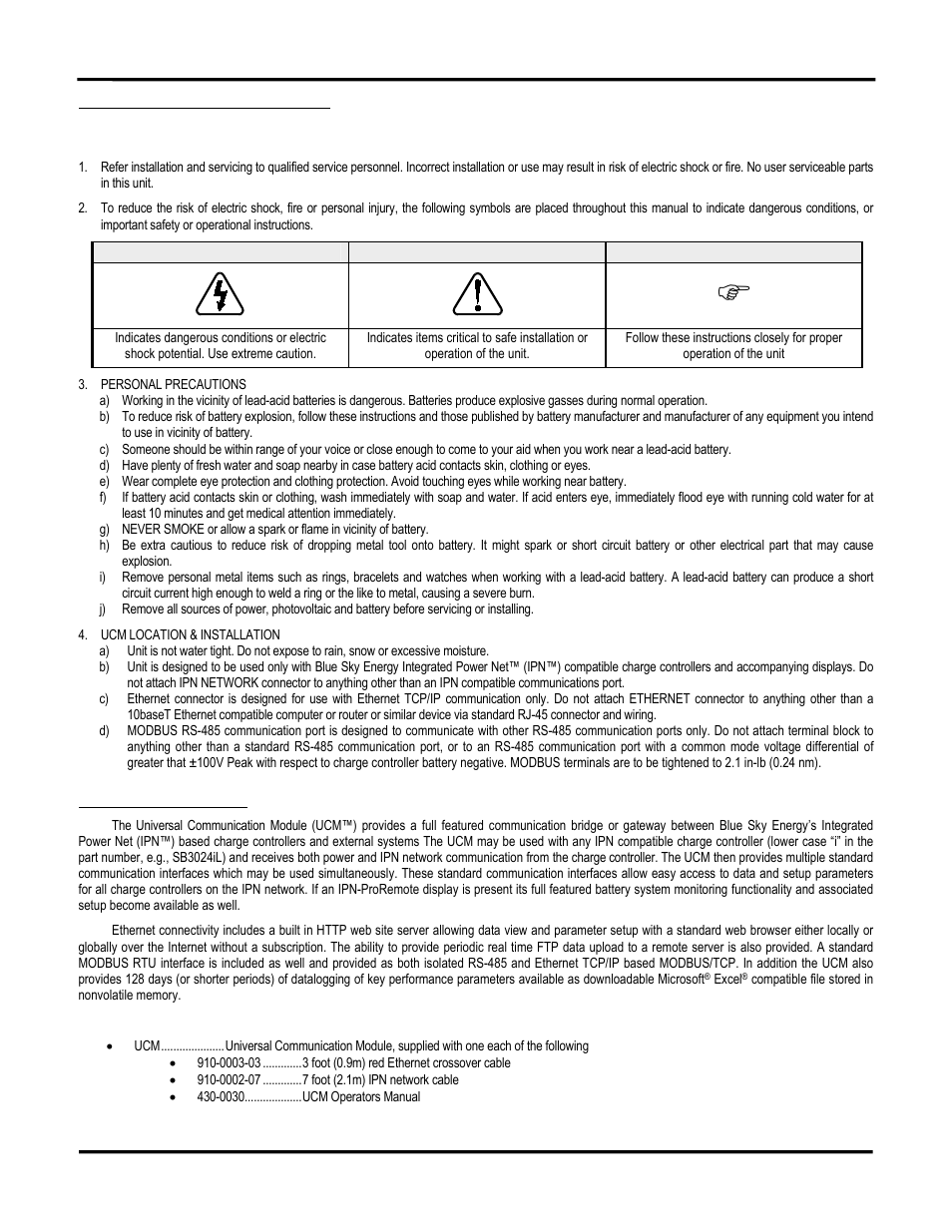 Important safety instructions, Warning caution important, Product description | Blue Sky UCM User Manual | Page 3 / 23