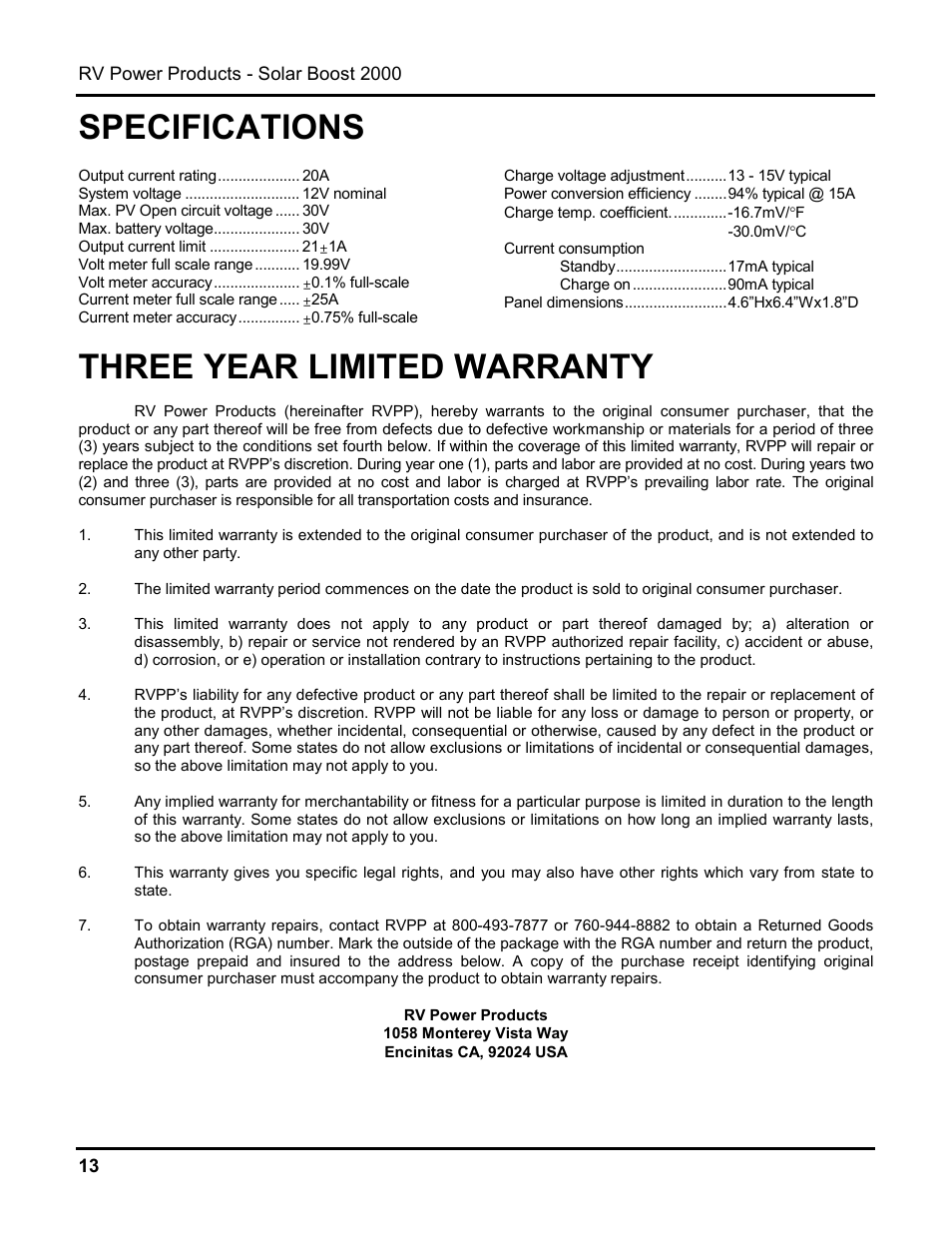 Specifications, Three year limited warranty | Blue Sky Solar Boost 2000 User Manual | Page 14 / 15