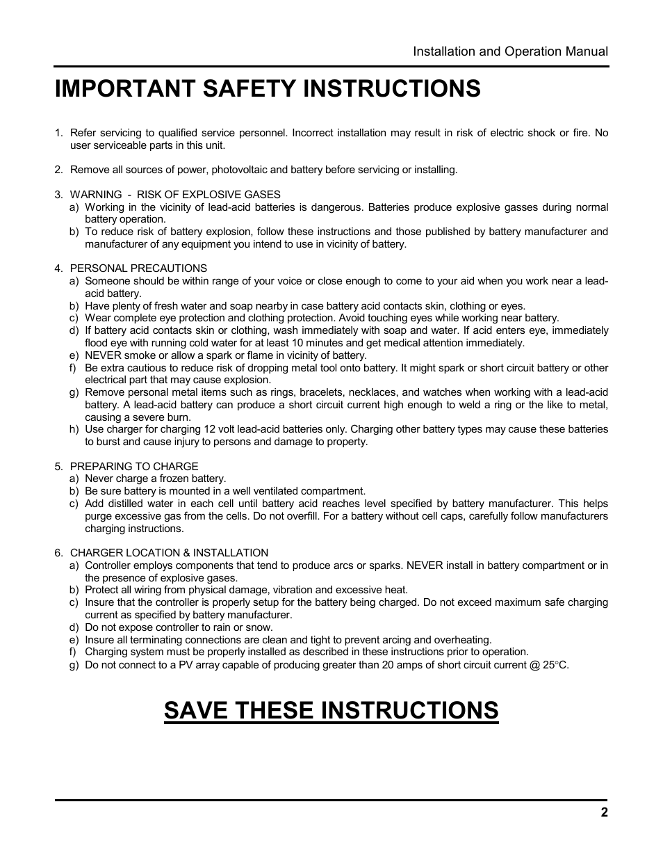 Important safety instructions, Save these instructions | Blue Sky Solar Boost 2000 User Manual | Page 3 / 15