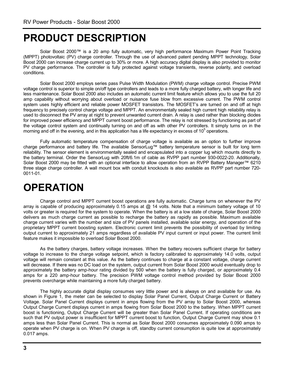 Product description, Operation | Blue Sky Solar Boost 2000 User Manual | Page 4 / 15