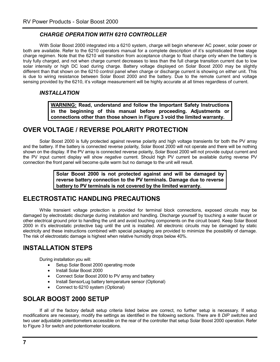 Over voltage / reverse polarity protection, Electrostatic handling precautions, Installation steps | Solar boost 2000 setup | Blue Sky Solar Boost 2000 User Manual | Page 8 / 15