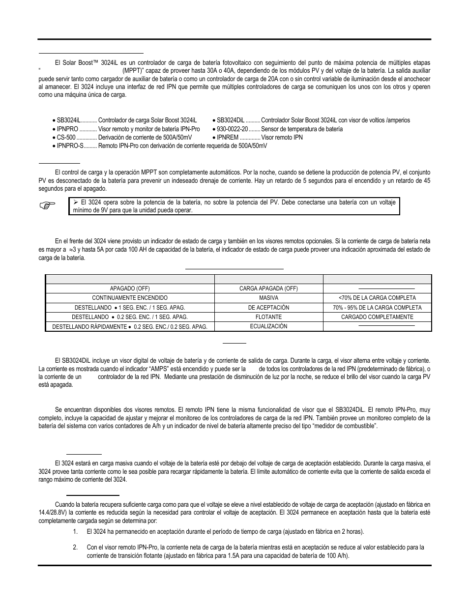 Descripción del producto, Operación | Blue Sky Solar Boost 3024iL User Manual | Page 20 / 64