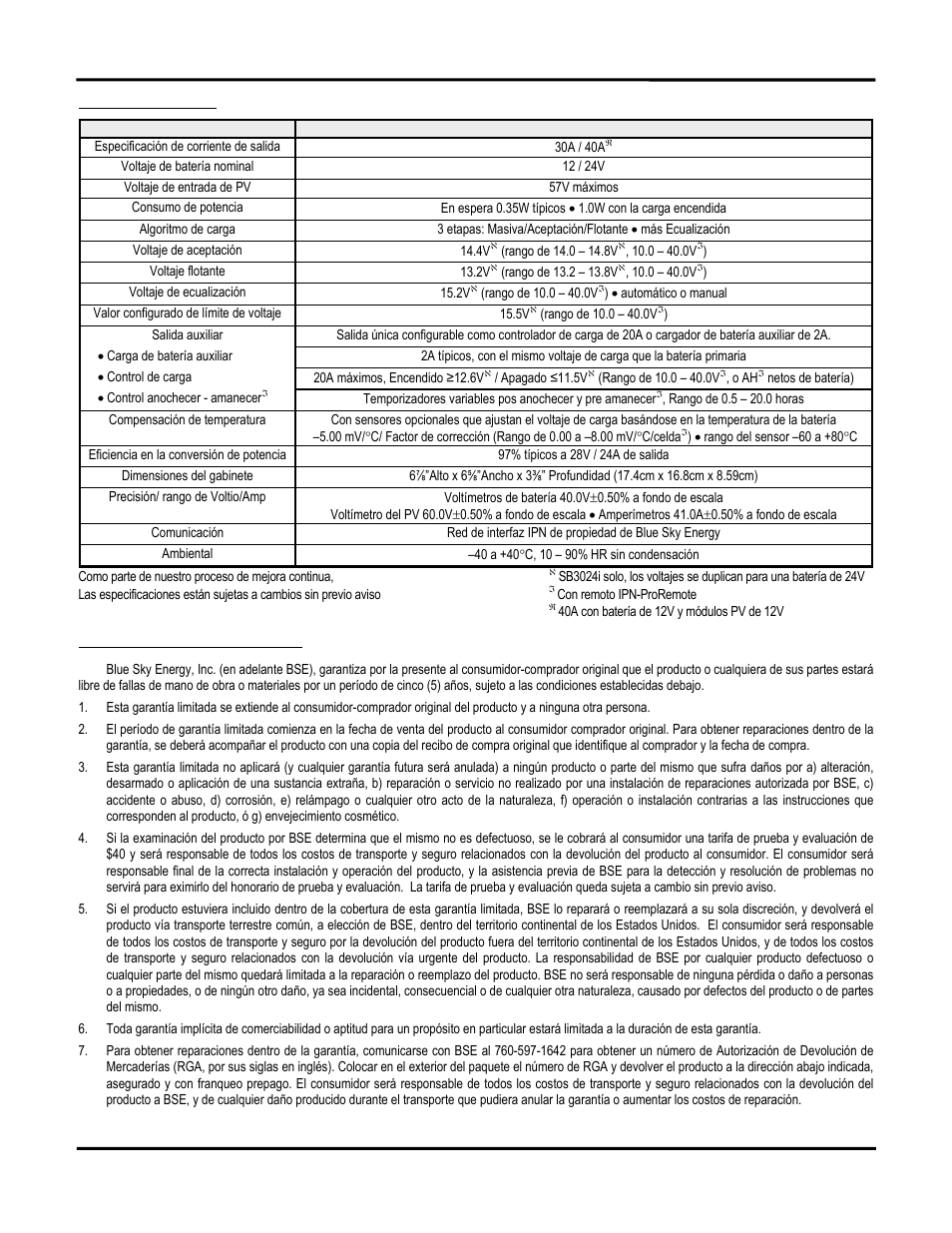 Especificaciones, Garantía limitada de 5 años | Blue Sky Solar Boost 3024iL User Manual | Page 32 / 64