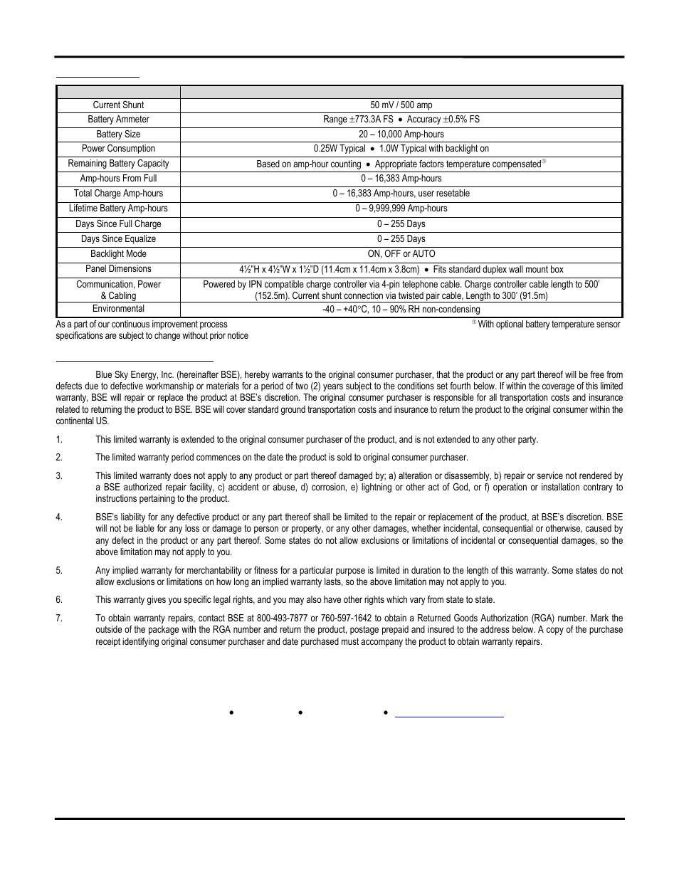 Specifications, Two year limited warranty | Blue Sky IPN Pro User Manual | Page 16 / 64