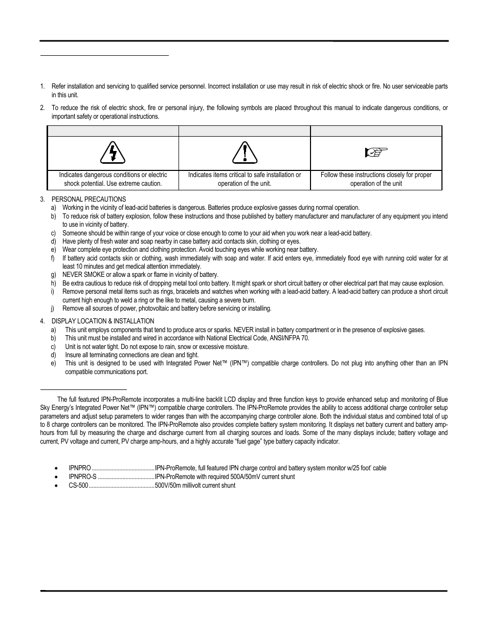 Important safety instructions, Warning caution important, Product description | Blue Sky IPN Pro User Manual | Page 3 / 64