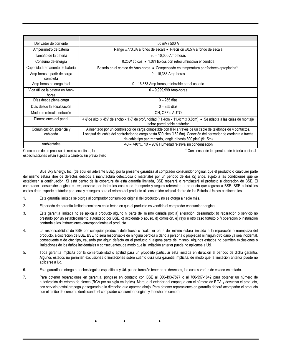 Especificaciones, Garantía limitada de dos años | Blue Sky IPN Pro User Manual | Page 32 / 64