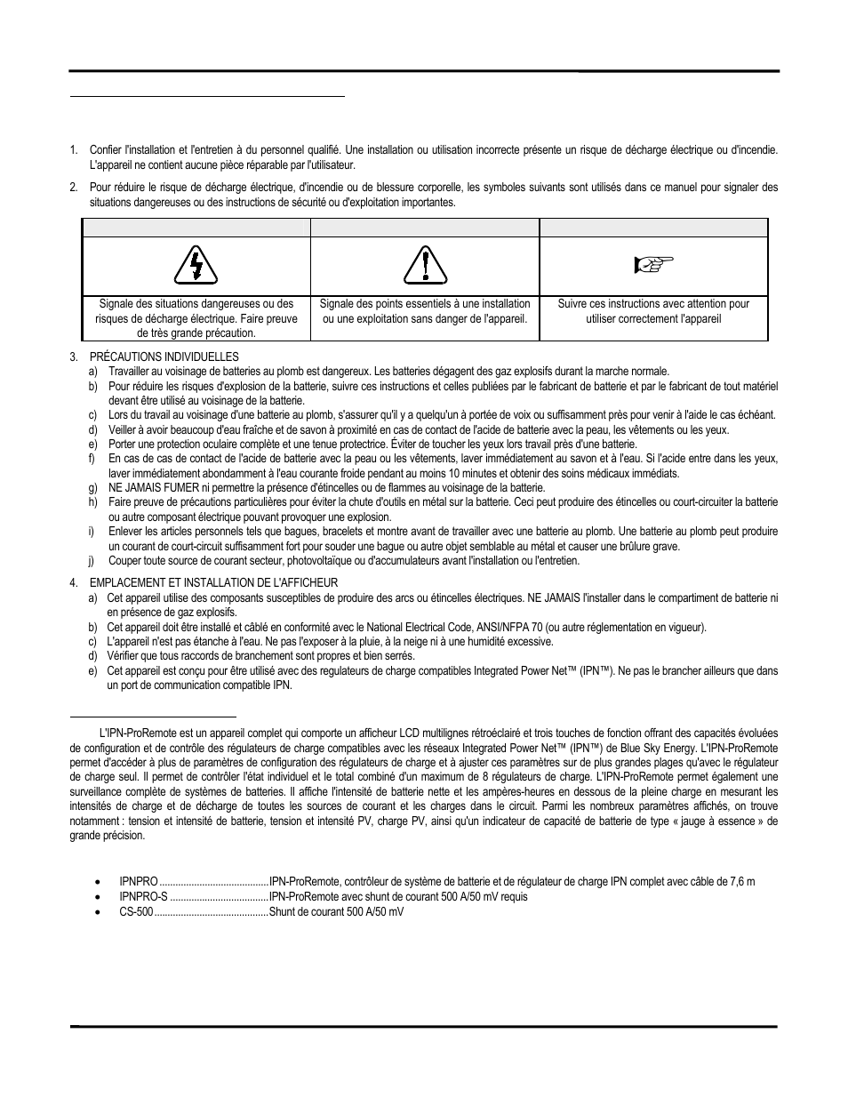 Instructions de sécurité importantes, Avertissement attention important, Description du produit | Blue Sky IPN Pro User Manual | Page 35 / 64