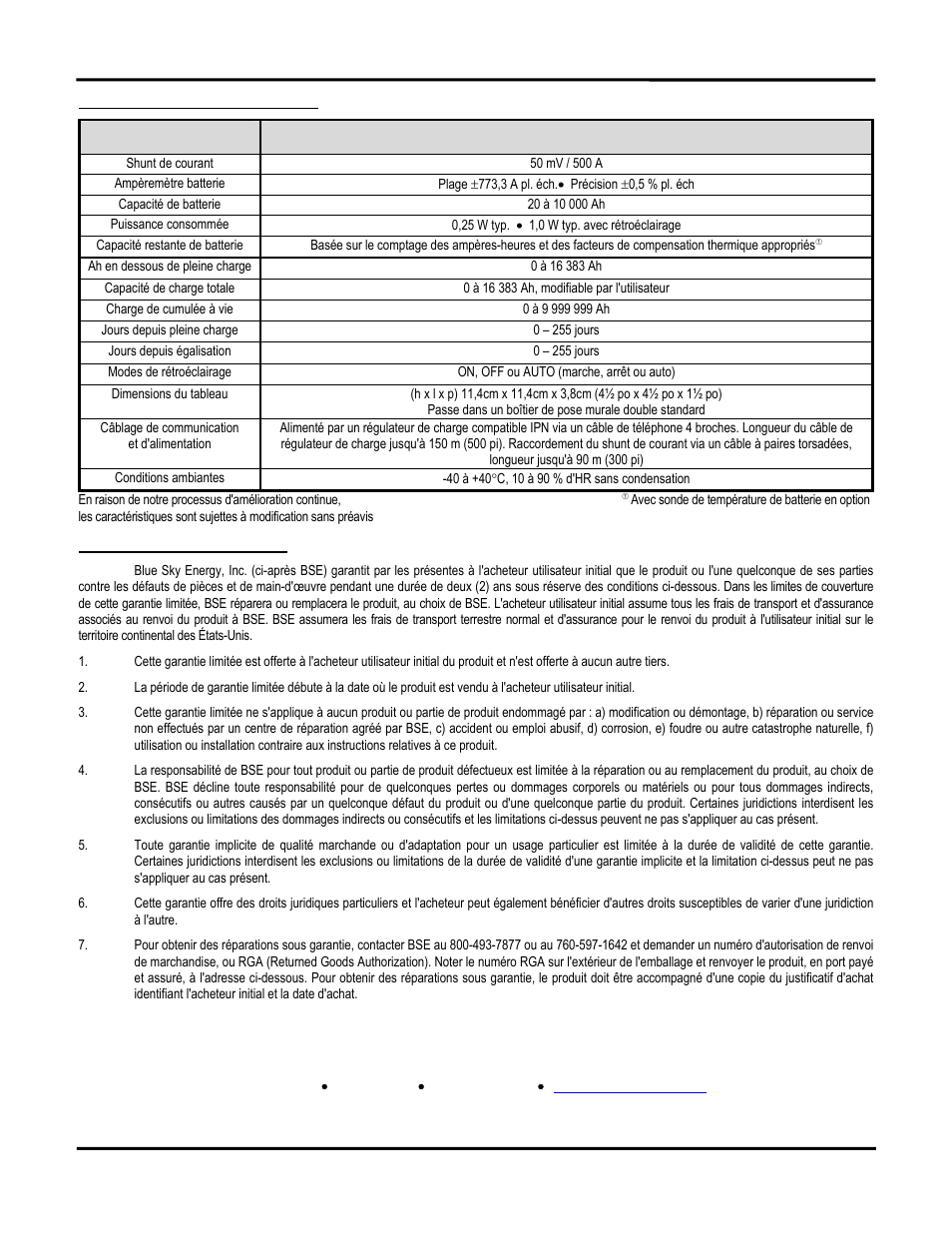 Caractéristiques techniques, Garantie limitée deux ans | Blue Sky IPN Pro User Manual | Page 48 / 64