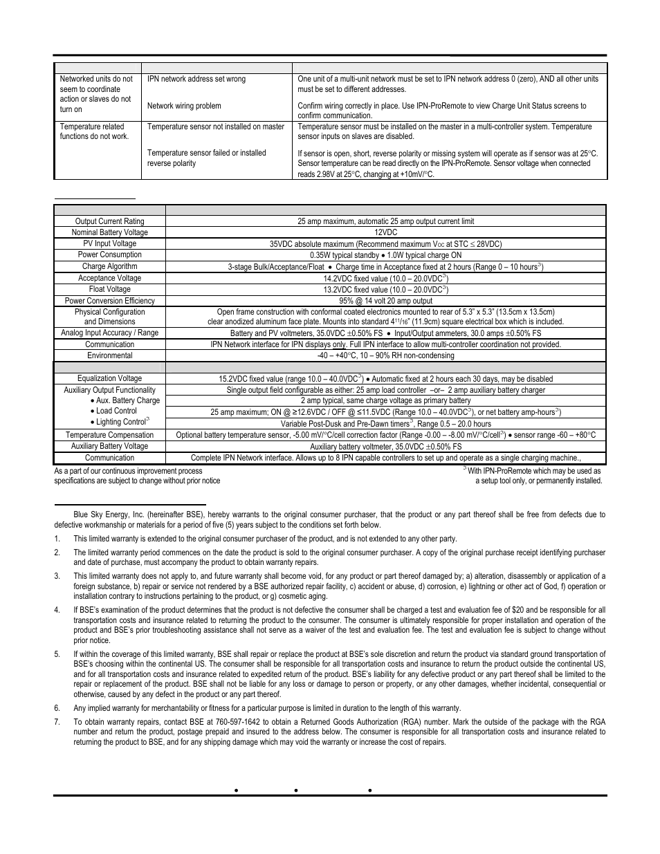 Specifications, Five year limited warranty | Blue Sky Solar Boost 2512iX User Manual | Page 12 / 12