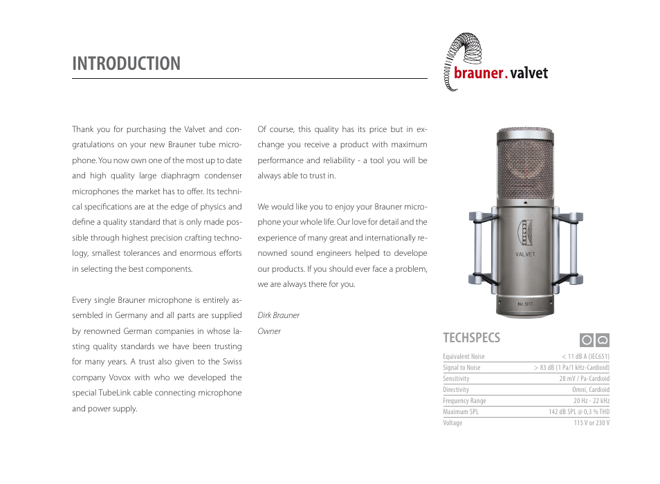 Introduction, Techspecs | Brauner Microphones Valvet User Manual | Page 3 / 10