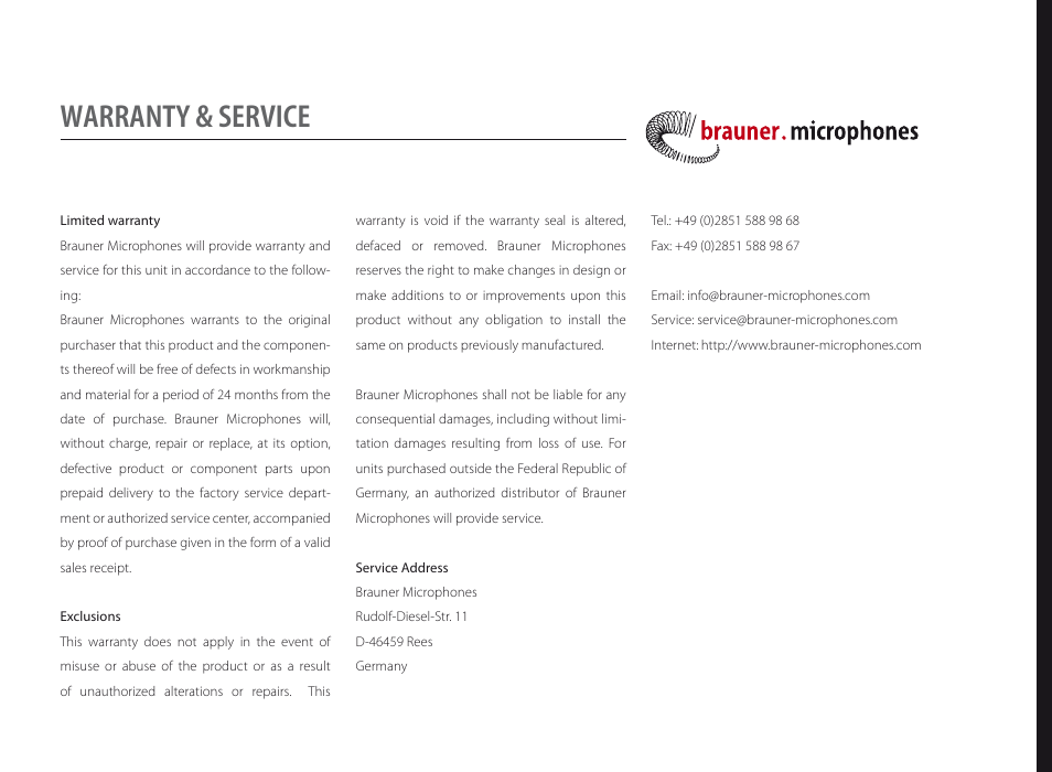 Warranty & service | Brauner Microphones Valvet User Manual | Page 8 / 10