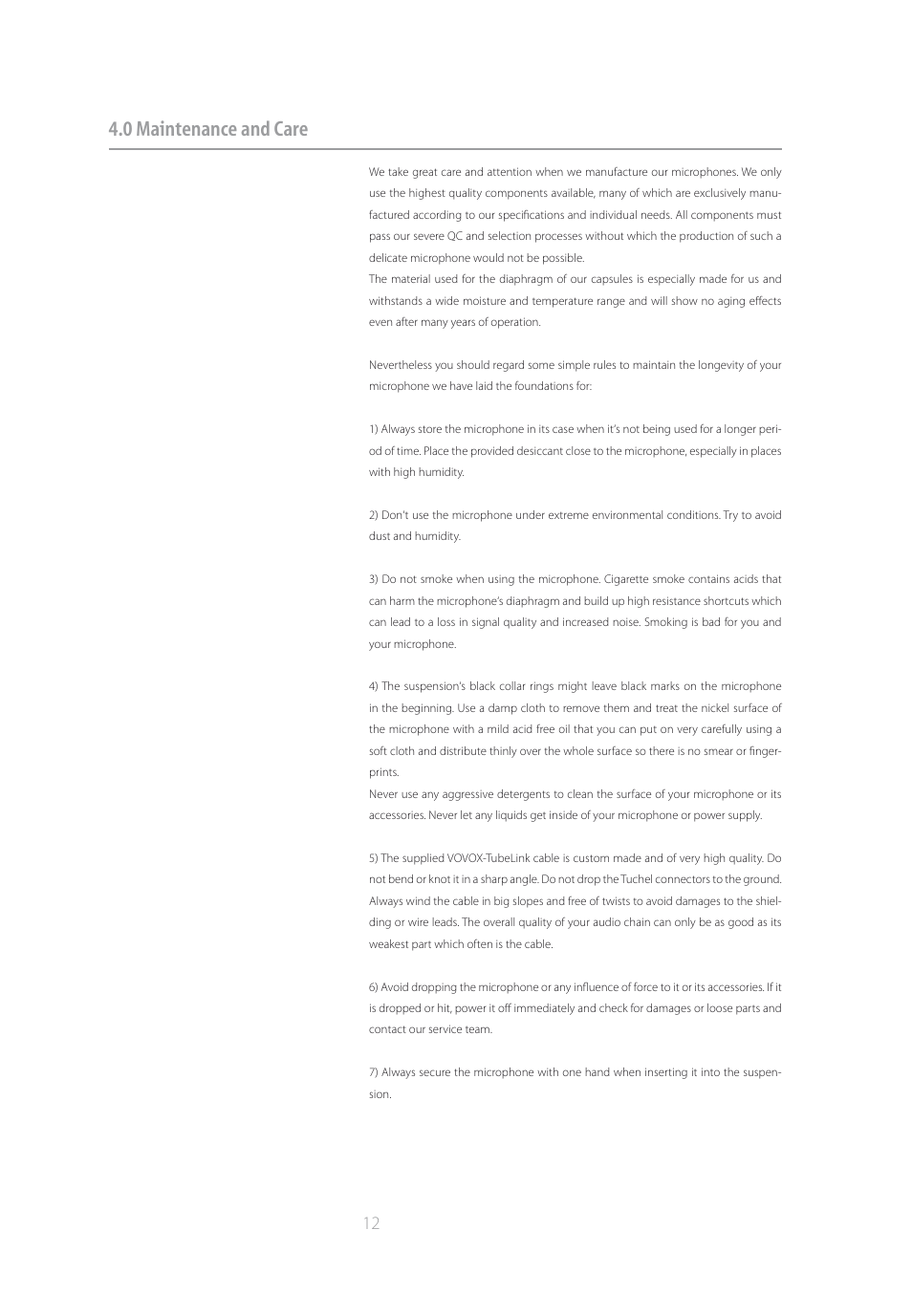 0 maintenance and care | Brauner Microphones VMA User Manual | Page 12 / 16