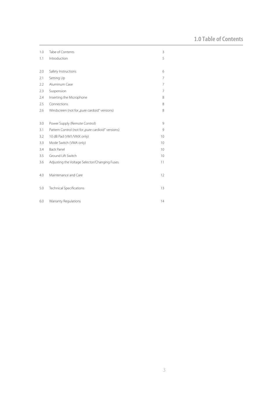 0 table of contents | Brauner Microphones VMA User Manual | Page 3 / 16