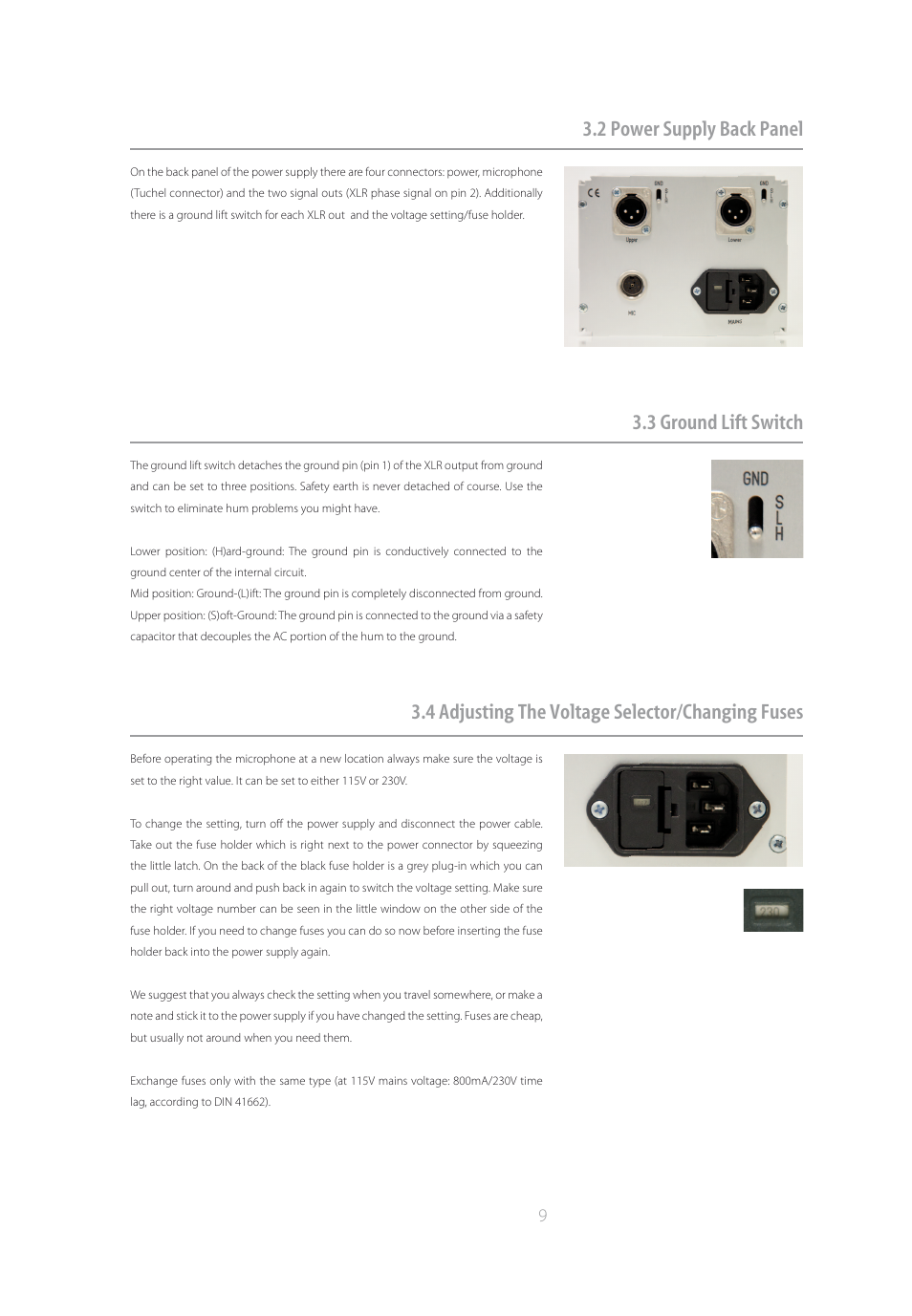 2 power supply back panel 3.3 ground lift switch, 4 adjusting the voltage selector/changing fuses | Brauner Microphones VM1S User Manual | Page 9 / 14