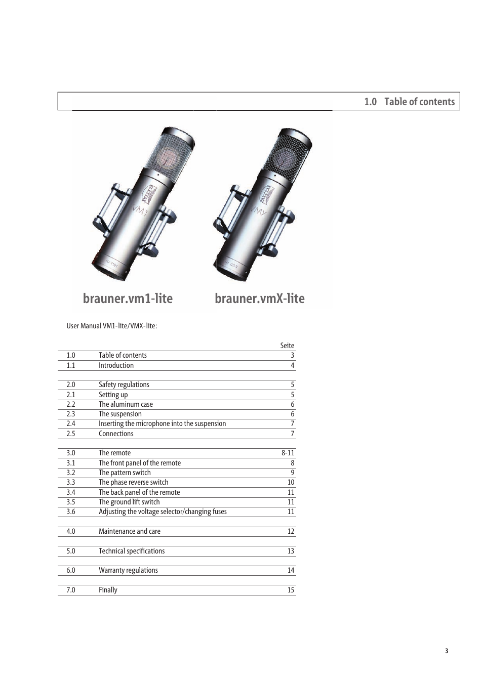 Brauner.vm1-lite brauner.vmx-lite, 0 table of contents | Brauner Microphones VMX lite User Manual | Page 3 / 16