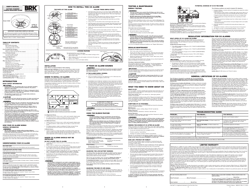 BRK electronic C O250 User Manual | 1 page