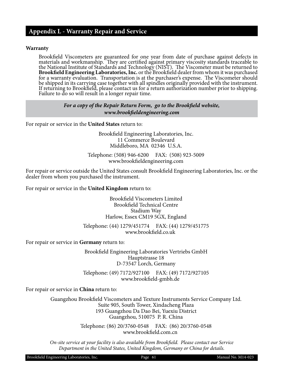 Brookfield DV1 Viscometer User Manual | Page 61 / 63