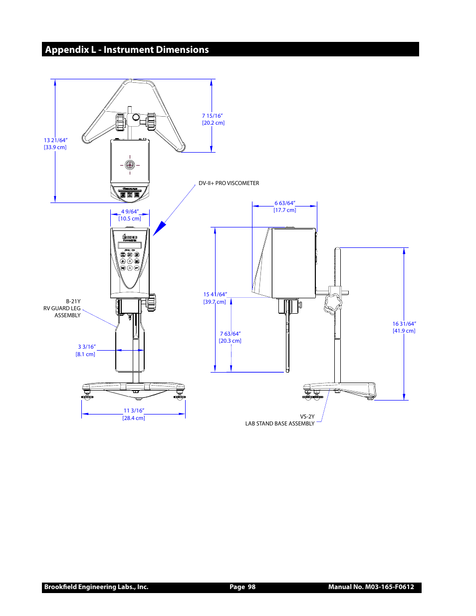 Appendix l - instrument dimensions | Brookfield DV2+Pro Viscometer User Manual | Page 98 / 101