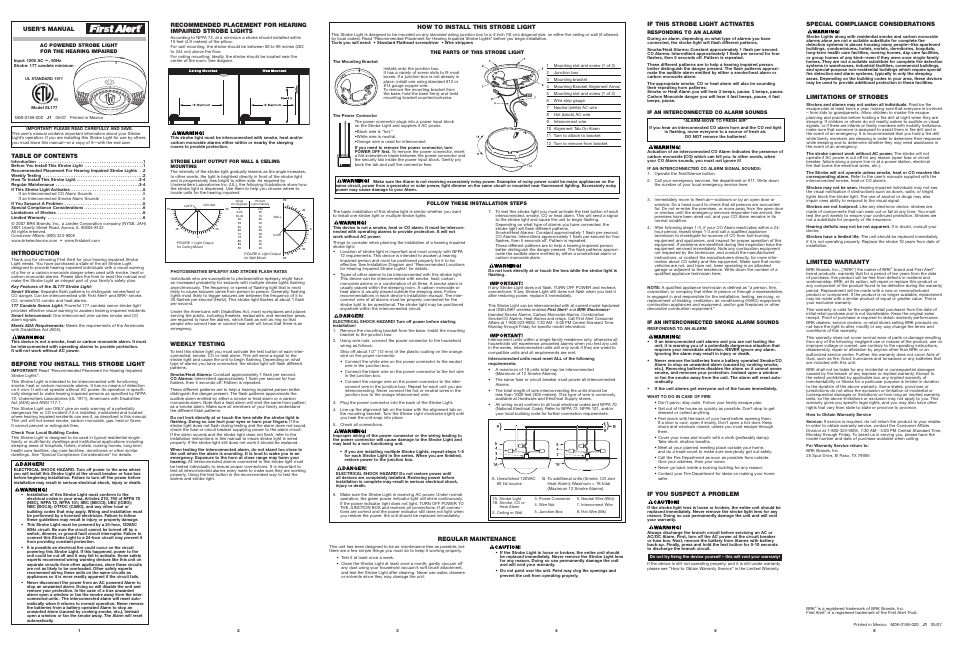 BRK electronic Hearing Impaired Strobe Lights SL177 User Manual | 1 page