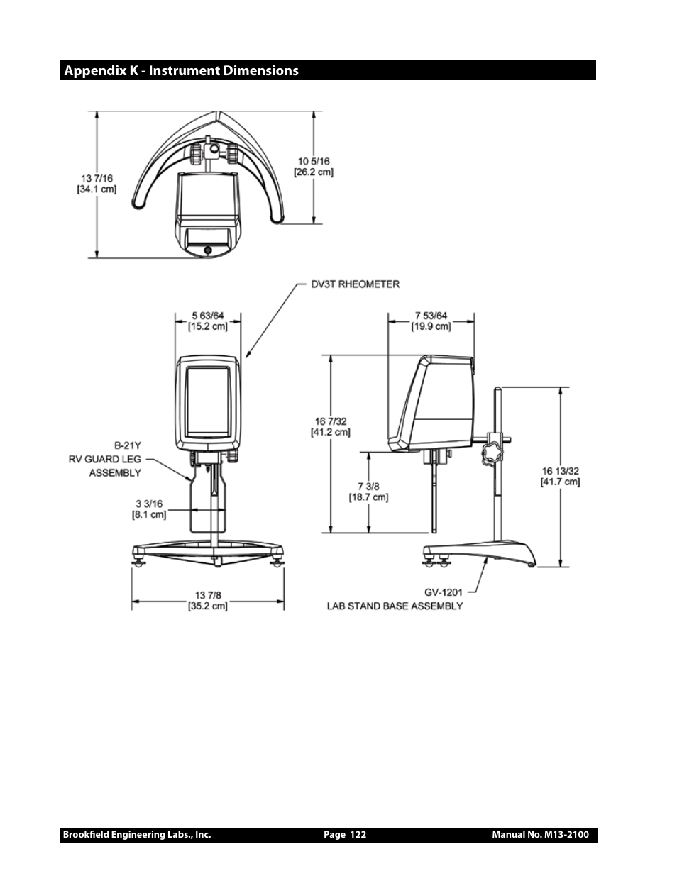 Appendix k - instrument dimensions | Brookfield DV3T Rheometer User Manual | Page 122 / 125