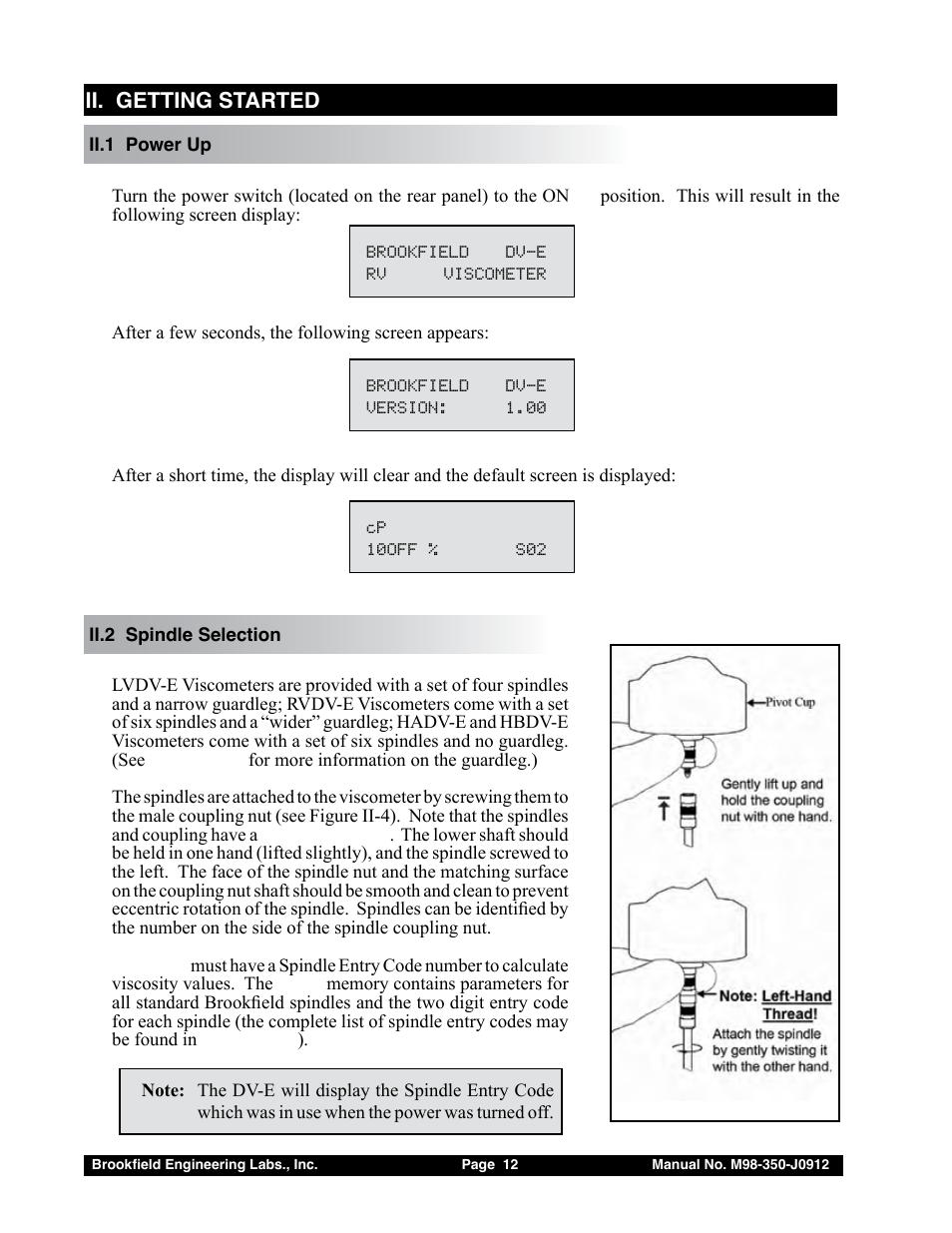 Ii. getting started | Brookfield DV-E Viscometer User Manual | Page 12 / 37