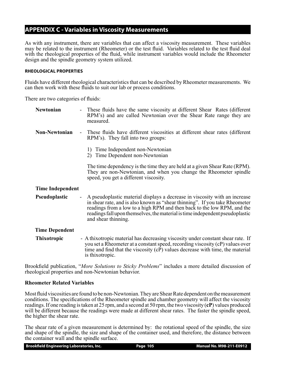 Appendix c - variables in viscosity measurements | Brookfield DV-III Ultra Rheometer User Manual | Page 105 / 133