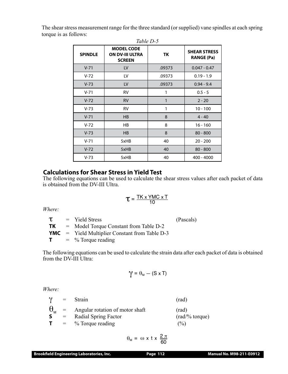 Calculations for shear stress in yield test | Brookfield DV-III Ultra Rheometer User Manual | Page 112 / 133