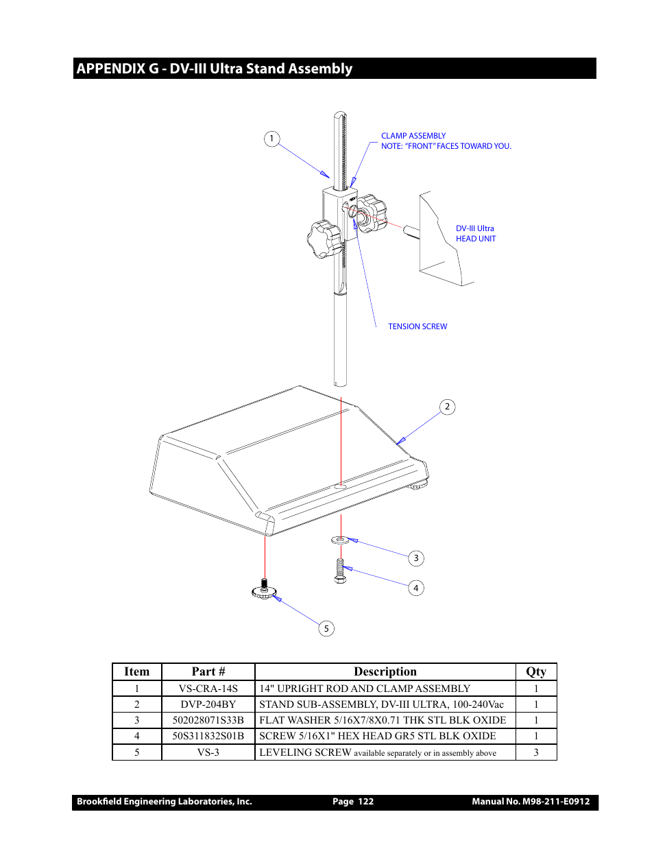 Appendix g - dv-iii ultra stand assembly | Brookfield DV-III Ultra Rheometer User Manual | Page 122 / 133