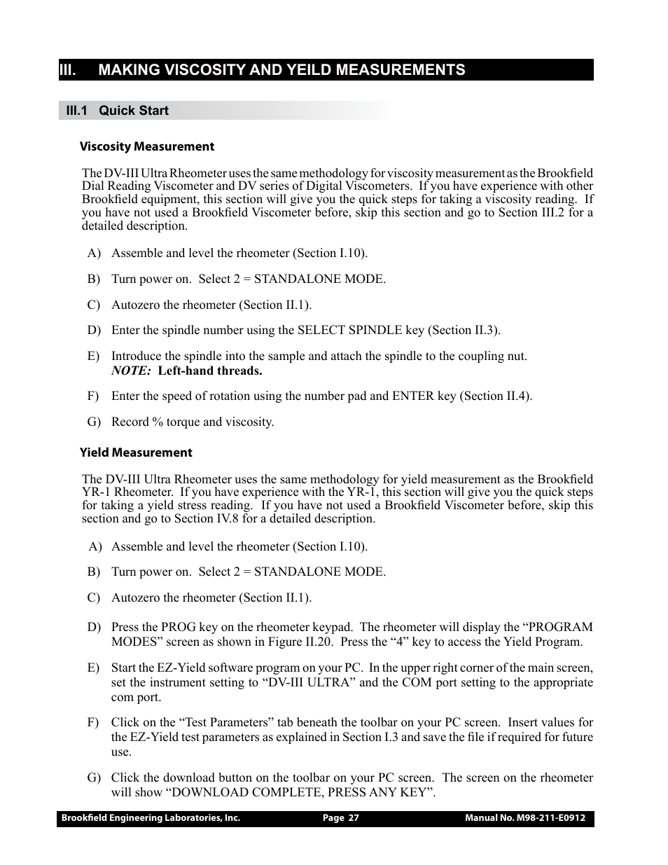 Iii. making viscosity and yeild measurements | Brookfield DV-III Ultra Rheometer User Manual | Page 27 / 133