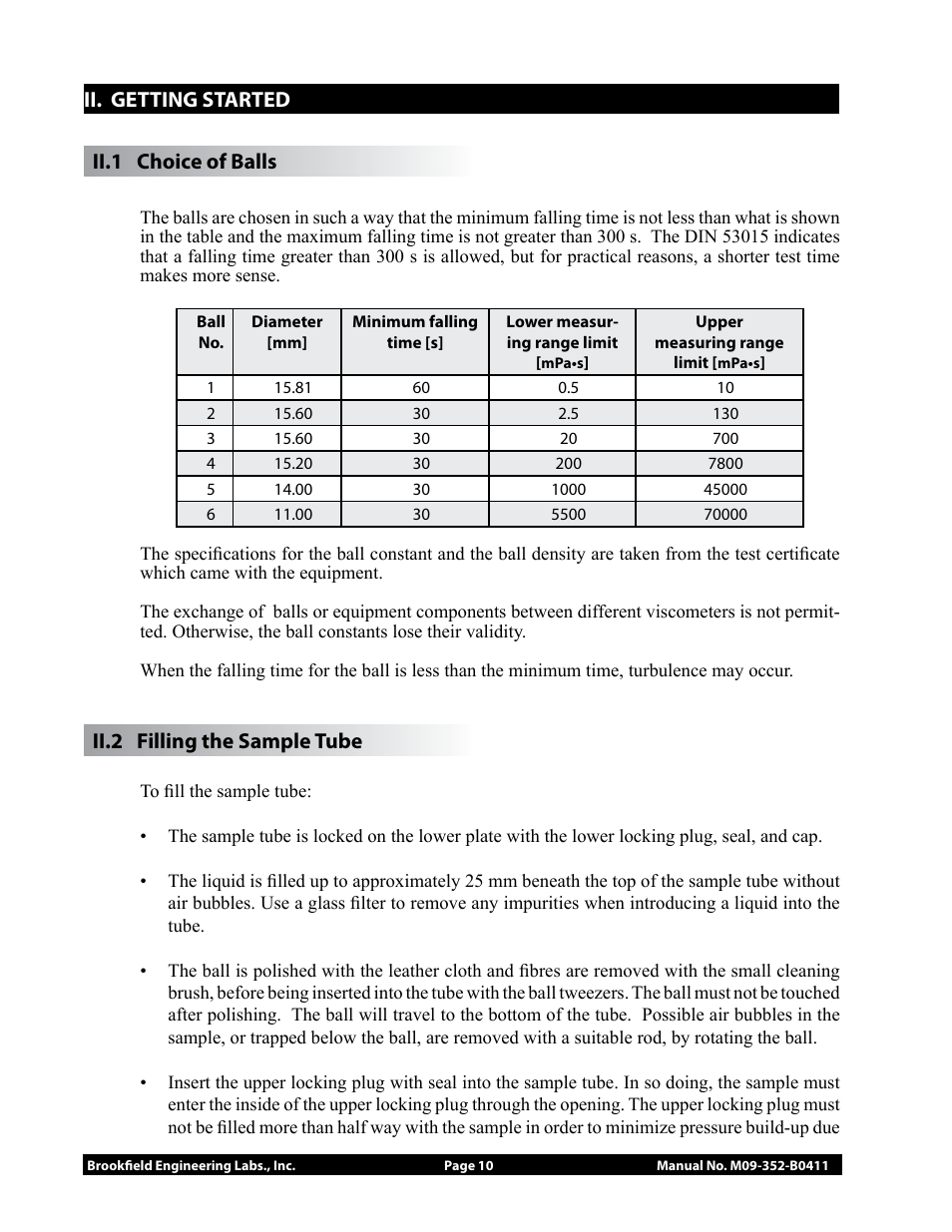 Ii. getting started ii. choice of balls, Ii.2 filling the sample tube | Brookfield Falling Ball KF20 User Manual | Page 10 / 18