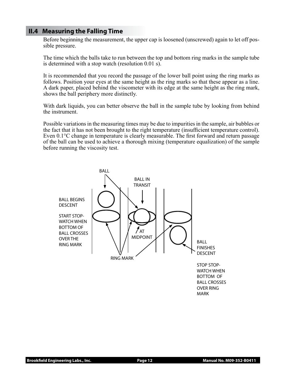 Ii.4 measuring the falling time | Brookfield Falling Ball KF20 User Manual | Page 12 / 18