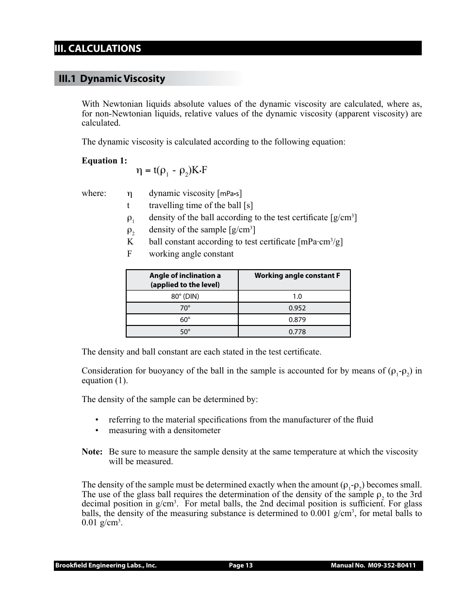 Iii. calculations iii. dynamic viscosity, Η = t(ρ | Brookfield Falling Ball KF20 User Manual | Page 13 / 18