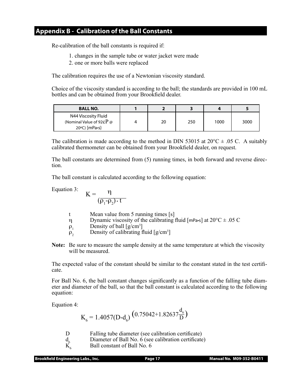 Appendix b - calibration of the ball constants, K = η (ρ, 4057(d-d | Brookfield Falling Ball KF20 User Manual | Page 17 / 18