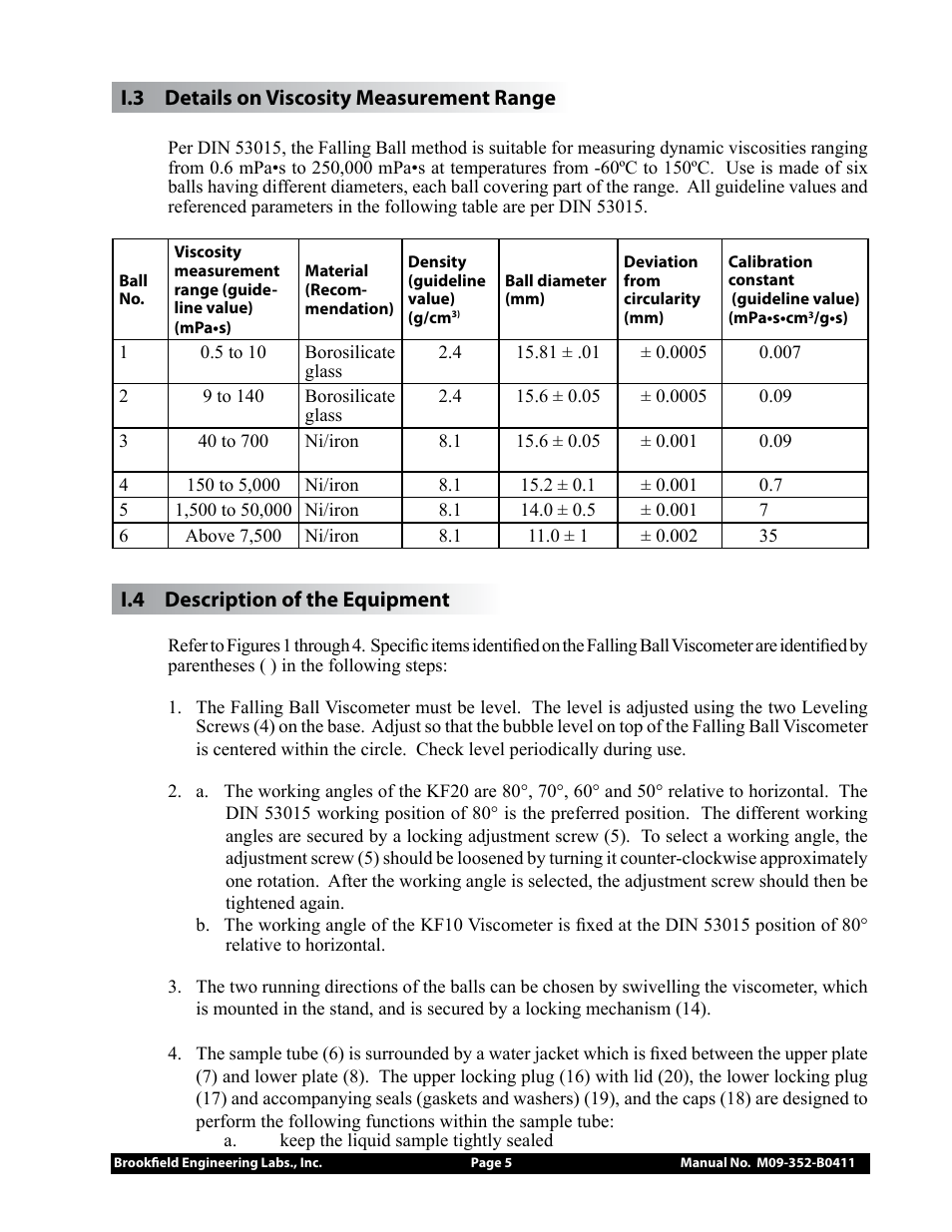 I.3 details on viscosity measurement range, I.4 description of the equipment | Brookfield Falling Ball KF20 User Manual | Page 5 / 18