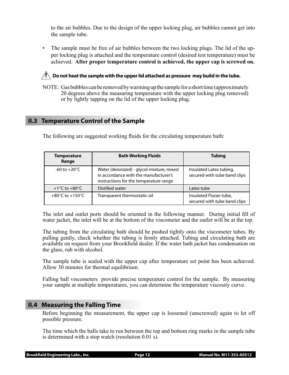 Ii.3 temperature control of the sample, Ii.4 measuring the falling time | Brookfield Falling Ball KF40 User Manual | Page 12 / 19