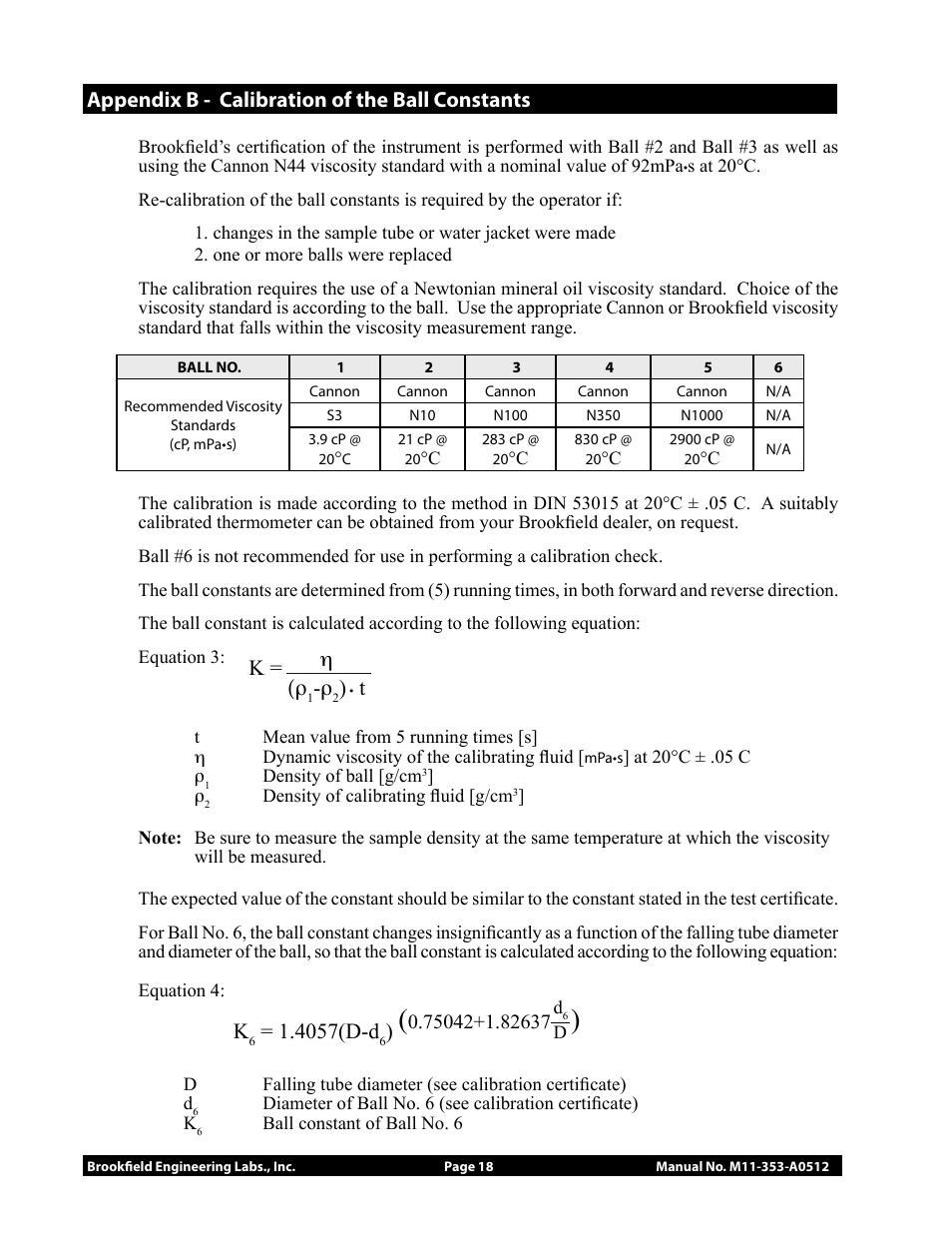 Appendix b - calibration of the ball constants, K = η (ρ, 4057(d-d | Brookfield Falling Ball KF40 User Manual | Page 18 / 19