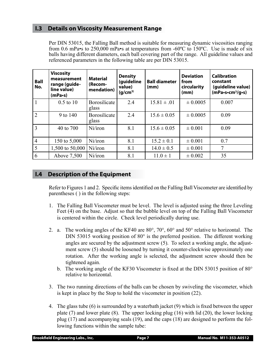 I.3 details on viscosity measurement range, I.4 description of the equipment | Brookfield Falling Ball KF40 User Manual | Page 7 / 19