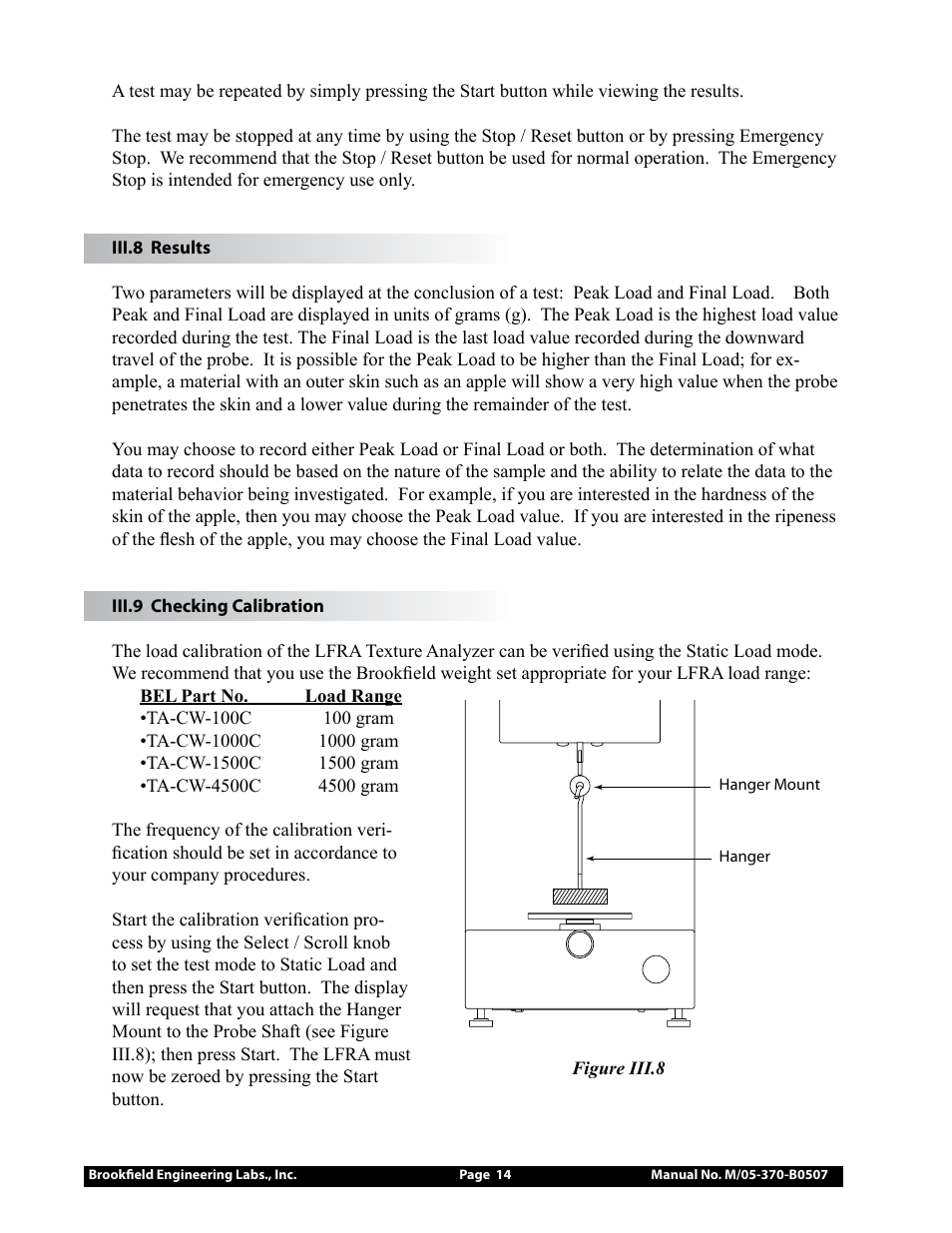 Iii.8 results, Iii.9 checking calibration | Brookfield LFRA Texture Analyzer User Manual | Page 14 / 46