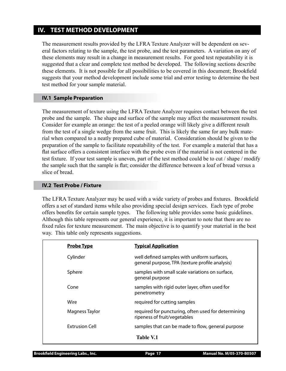 Iv. test method development, Iv.1 sample preparation, Iv.2 test probe / fixture | Brookfield LFRA Texture Analyzer User Manual | Page 17 / 46