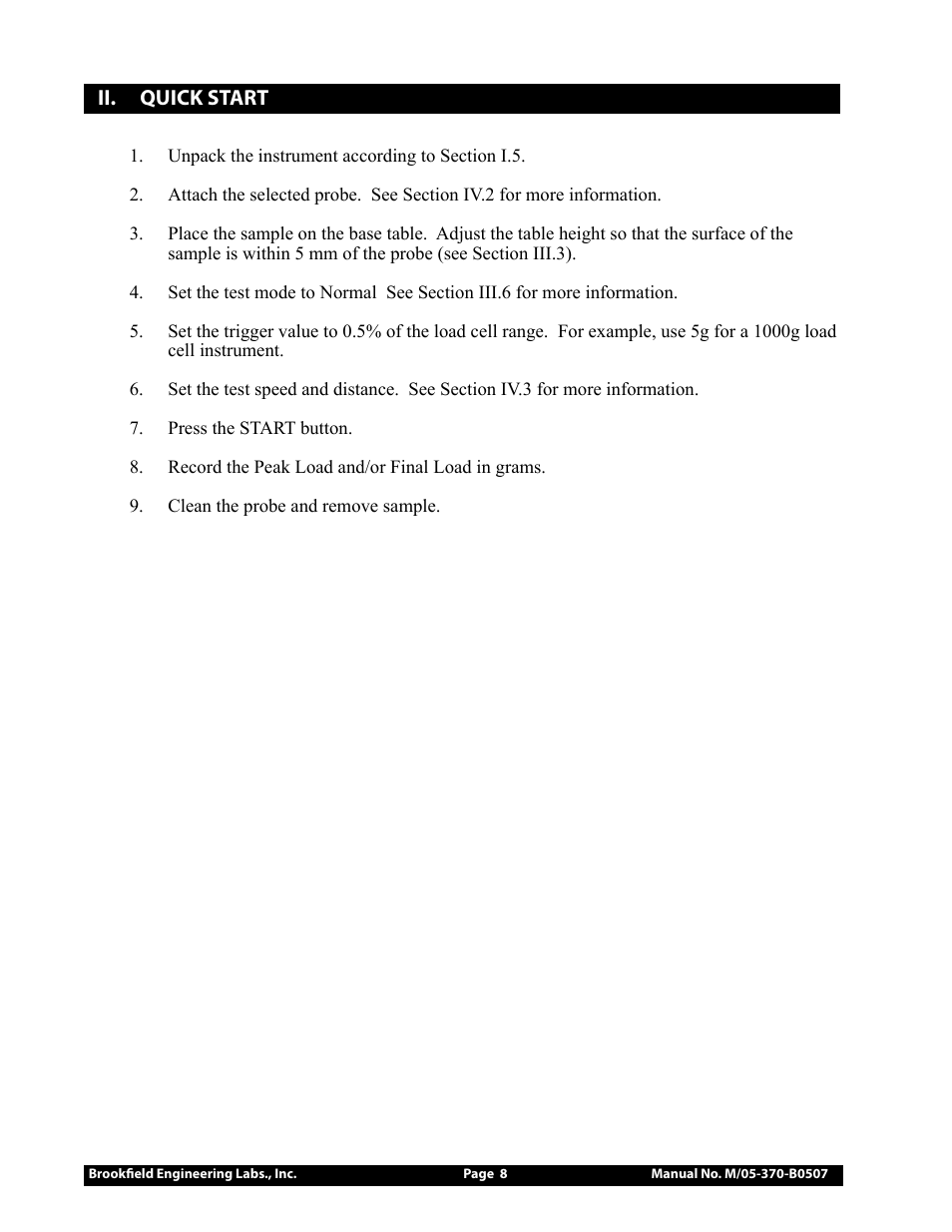 Ii. quick start | Brookfield LFRA Texture Analyzer User Manual | Page 8 / 46