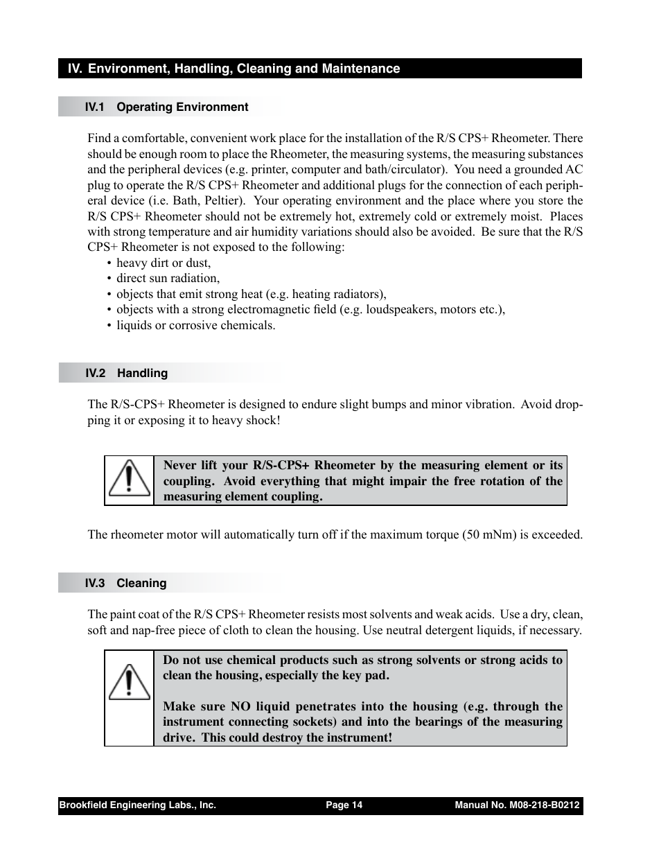 Iv.1 operating environment, Iv.2 handling, Iv.3 cleaning | Brookfield R/S CPS Rheometer User Manual | Page 14 / 62