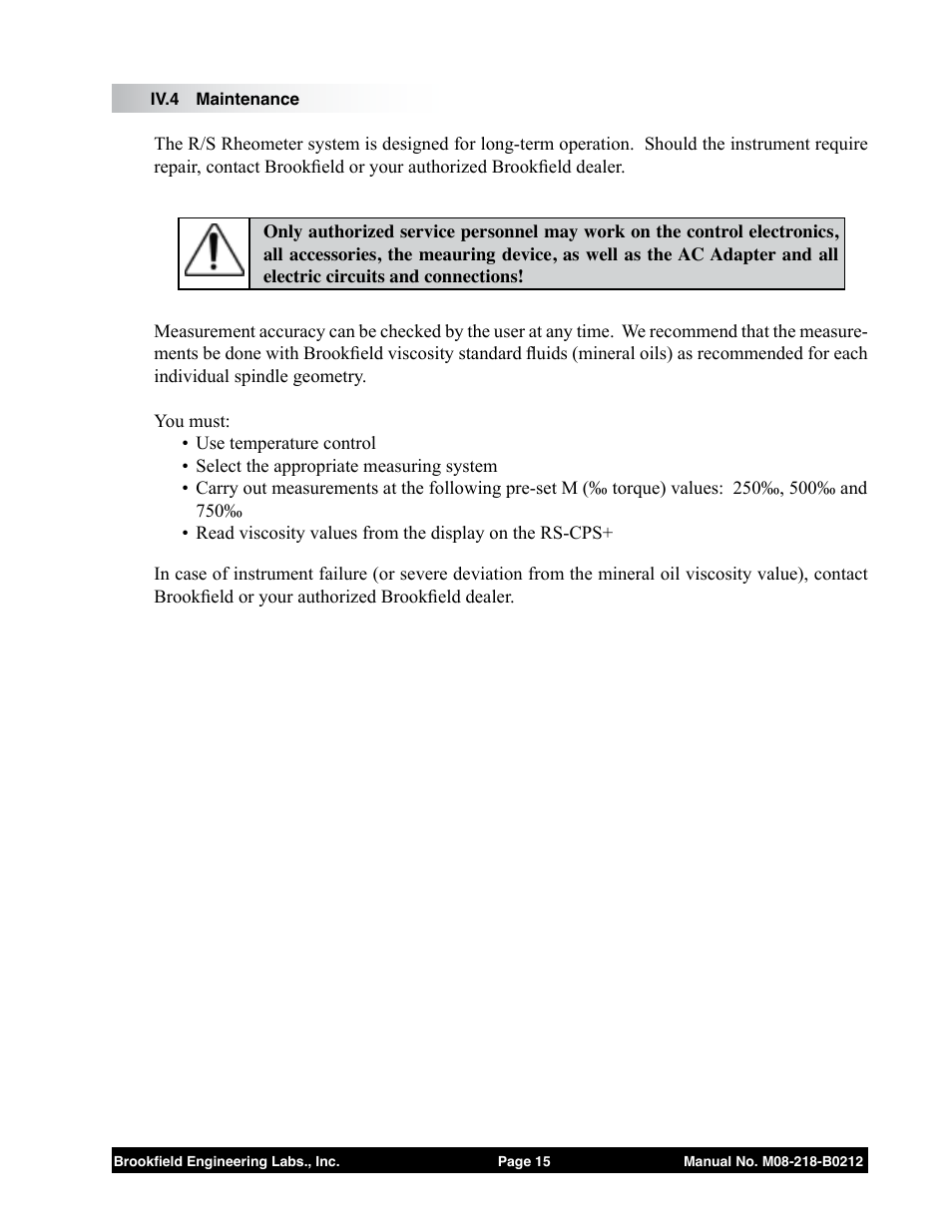 Iv.4 maintenance | Brookfield R/S CPS Rheometer User Manual | Page 15 / 62